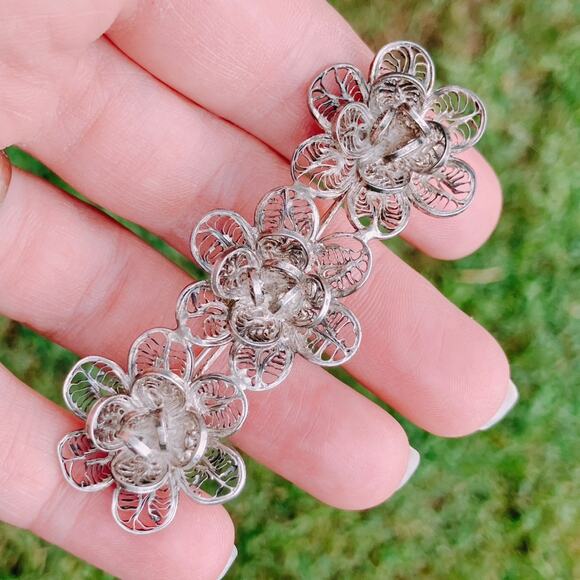 VTG Mid Century Brooch Silver Filigree Layered Floral Scrollwork Pin - Picture 2 of 10